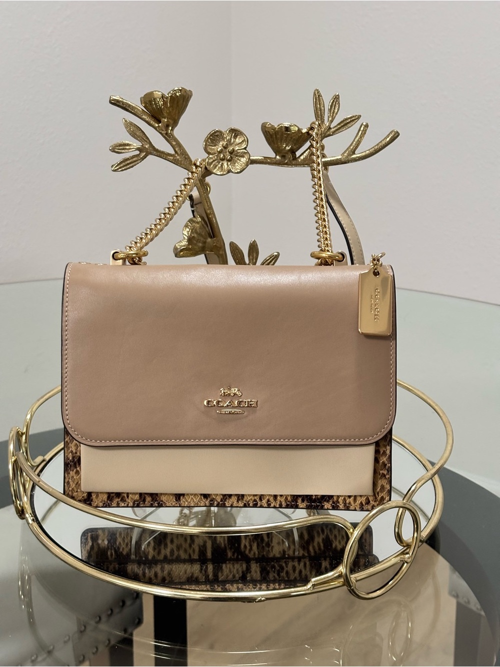 Coach Klare Colorblock Beige Cream Snakeskin-Effect Shoulder Crossbody Bag